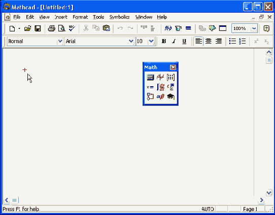 Окно Mathcad 11 с новым документом