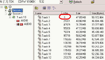 Отрицательный стартовый адрес первого аудио трека