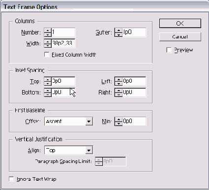 � ���������� ���� Text Frame Options