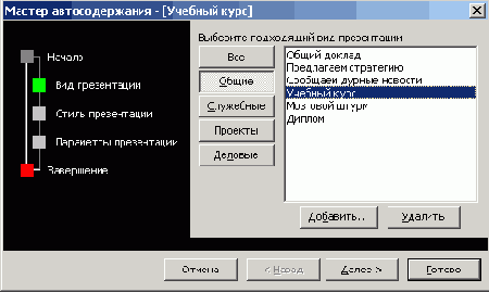 Выбор вида создаваемой презентации