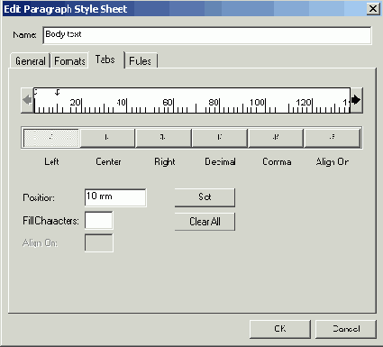 ������� Tabs ����������� ���� Edit Paragraph Style Sheet