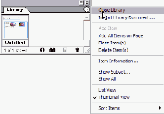 Меню палитры Library содержит