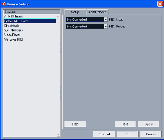 ���������� ���� Device Setup ������ Default MIDI Ports