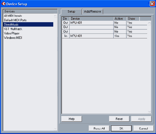 ���������� ���� Device Setup ������ DirectMusic