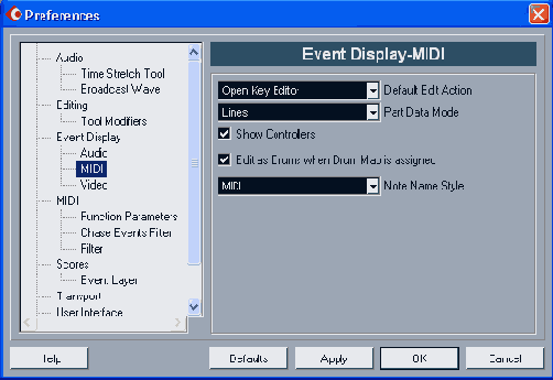 ���������� ���� Preferences (������ Event Display MIDI)