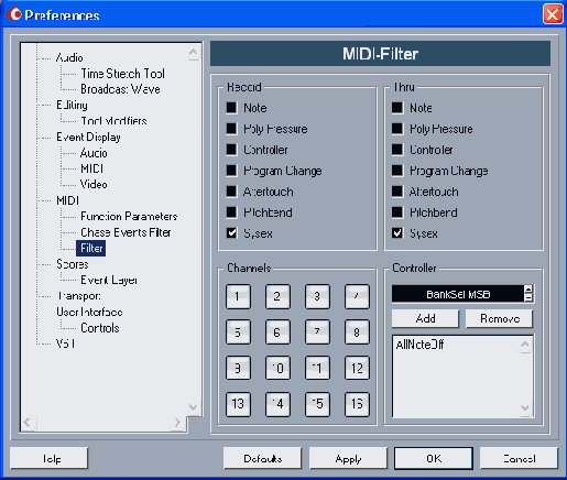 ���������� ���� Preferences (������ MIDI > Filter)