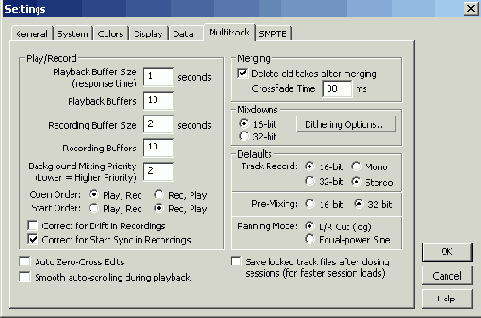 ��������� ��������������� �������������� (������� Multitrack) � ����� ������������� (������� SMPTE)