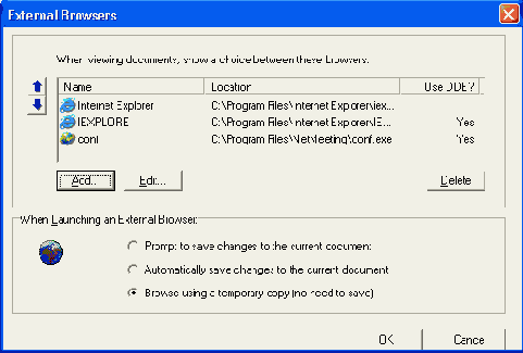 Конфигурирование внешних броузеров