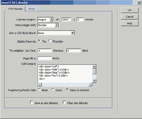 Использование расширения Calendar пакета Dreamweaver
