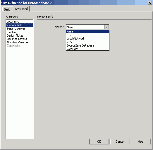 Определение удаленного узла Dreamweaver MX