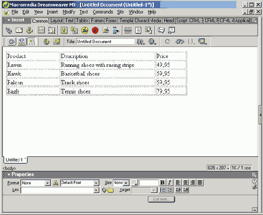 Создание страницы динамических данных в Dreamweaver MX