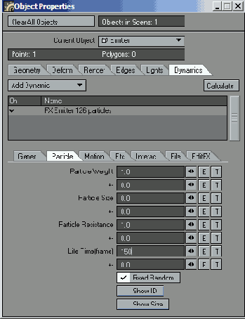 Каждая частица отображается в течении 150 кадров после того как будет выпущена из Emitter