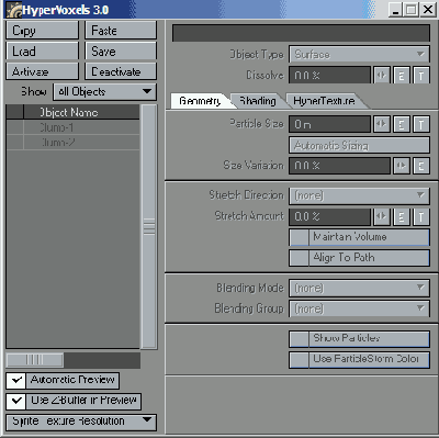 Окно свойств HyperVoxels разделено