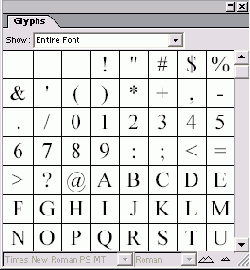 ������ Show � ������� Glyphs ��������