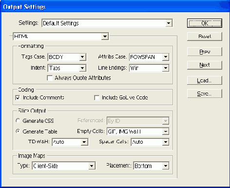 ������� ���������� � ���� Output Settings