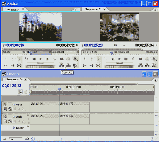 Вставка клипа в линию редактирования
