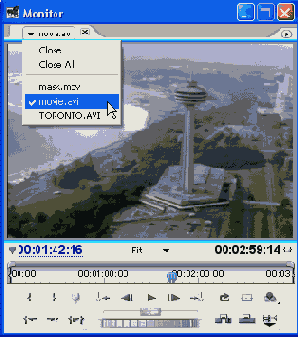 Открытие клипов и фильмов в окне Monitor
