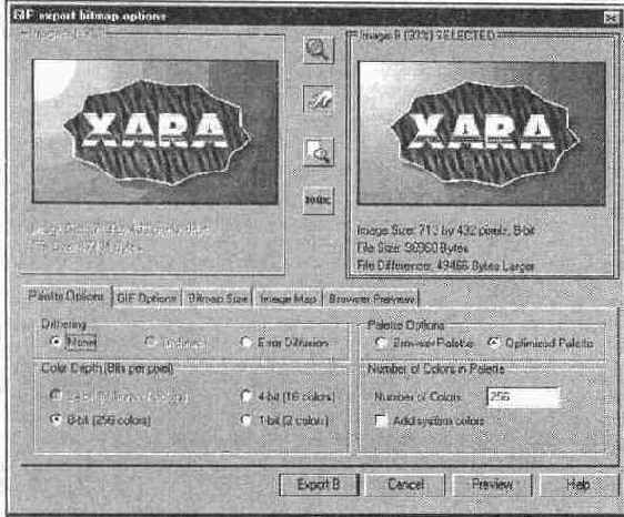 Диалоговое окно GIF export bitmap options