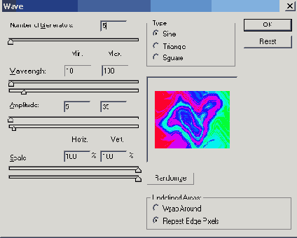 �������� ������� Filter > Distort > Wave (�����), ����� ��������� ������������� ������