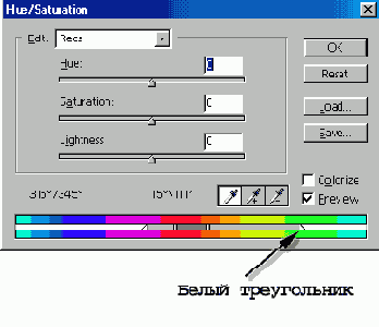 ������������� ����� ����������� � ������� ������� Hue/Saturation