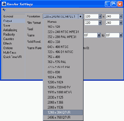Для активации категории QuickTime VR выберите разрешение 1248x384 QVRT или 2495x768 QVRT ...