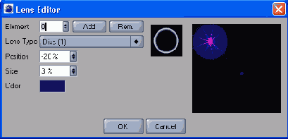 Окно настройки отблеска линз