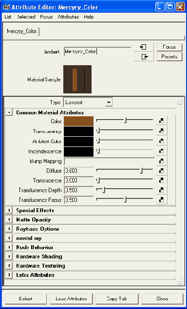 ���� ������� Attribute Editor ��� ��������� Mercury_Color