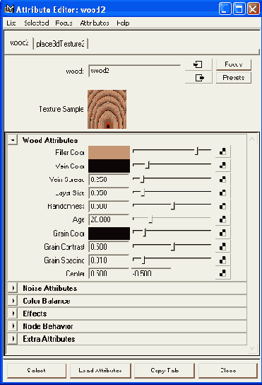 �������� �������� Wood � ���� ������� Attribute Editor