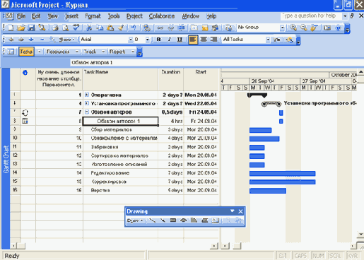 Окно Microsoft Project