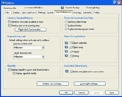 ���������� ���� Options ������� User Preferences