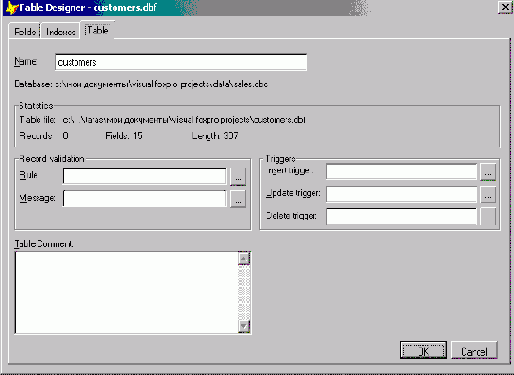 Определение свойств таблицы