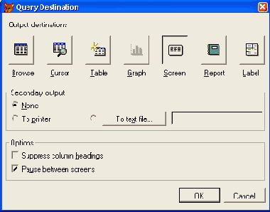Диалоговое окно Query Destination с выбранной опцией Screen