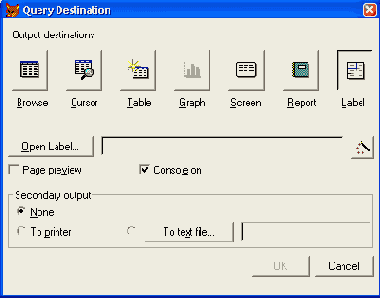 Диалоговое окно Query Destination с выбранной опцией Label