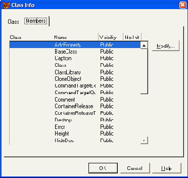 Вкладка Members диалогового окна Class Info