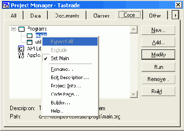Установка основной программы в окне проекта