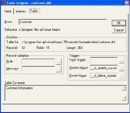 Определение свойств таблицы