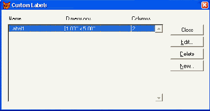 Диалоговое окно Custom Labels со списком пользовательских размеров