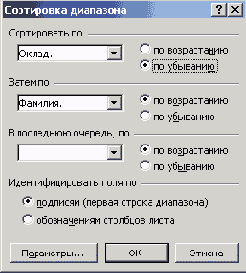 Диалоговое окно Сортировка...