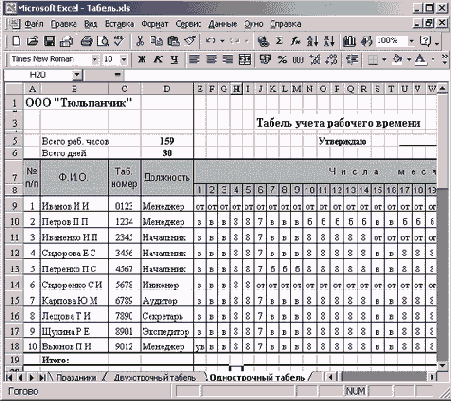 Левая часть однострочного табеля