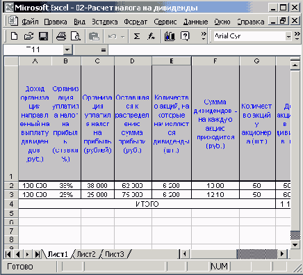Таблица для расчета налога на дивиденды
