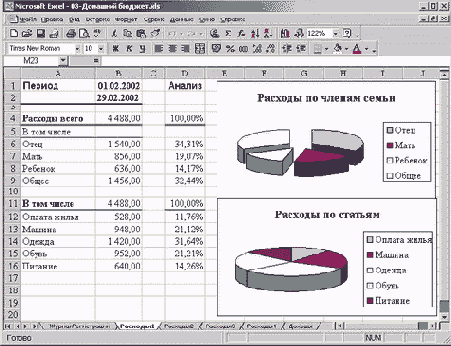 Лист с таблицей и диаграммами, отражающими расходы на каждого члена семьи