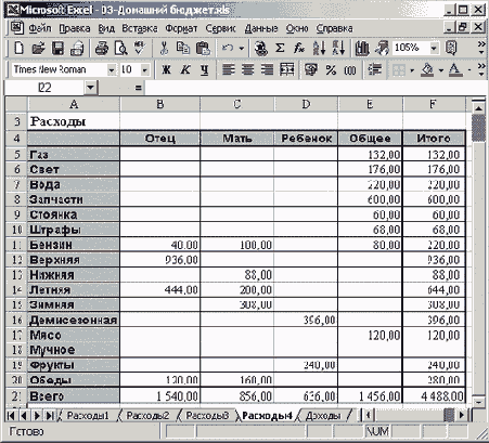 Рабочий лист Расходы4 с числовым примером