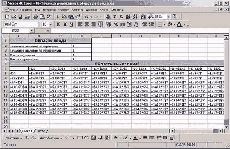 Таблица умножения (с областью ввода и формулами, в которых изменились адреса ссылок)