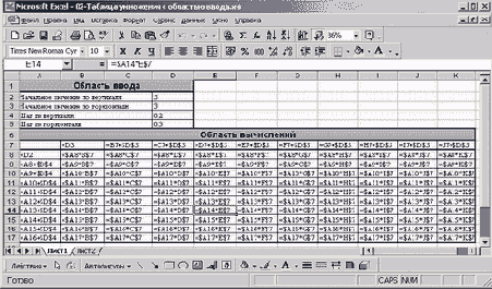 Таблица умножения (с формулами; изменяются начальное значение и его шаг)