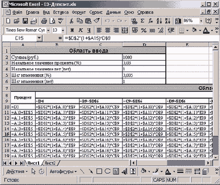 Фрагмент таблицы для расчета суммы на депозита (с формулами)