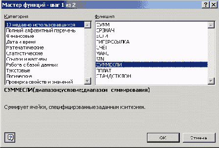 Диалоговое окно Мастер функций