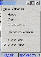 Список команд меню Окно