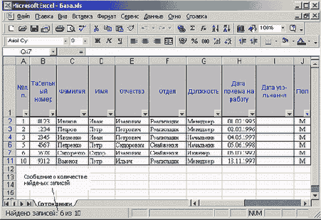 Рабочий лист после фильтрации списка сотрудников по критерию