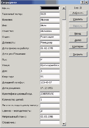 В диалоговом окне формы отображаются данные выбранного сотрудника