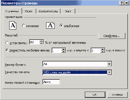 Диалоговое окно Параметры страницы, вкладка Страница